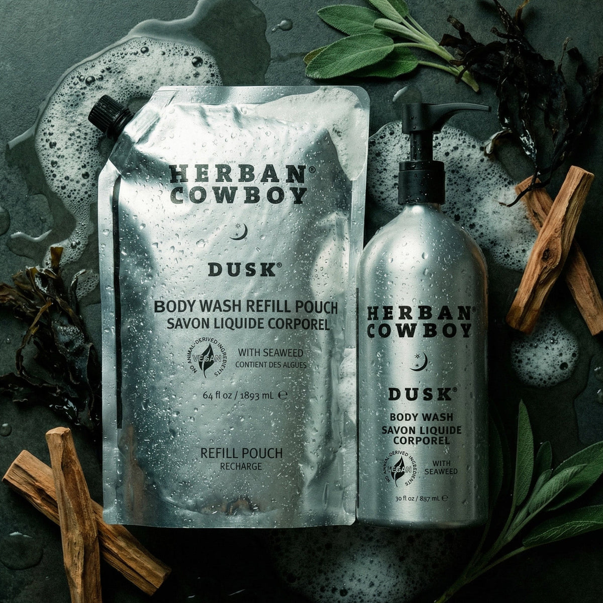 Dusk Body Wash in Pump Bottle & Refill Pouch by Herban Cowboy display