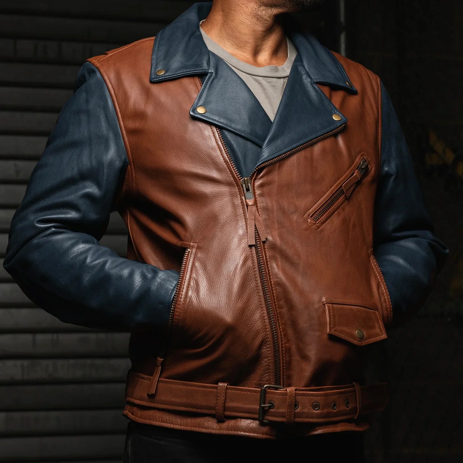 Custom Men's Brown and Black Leather Motorcycle Jacket