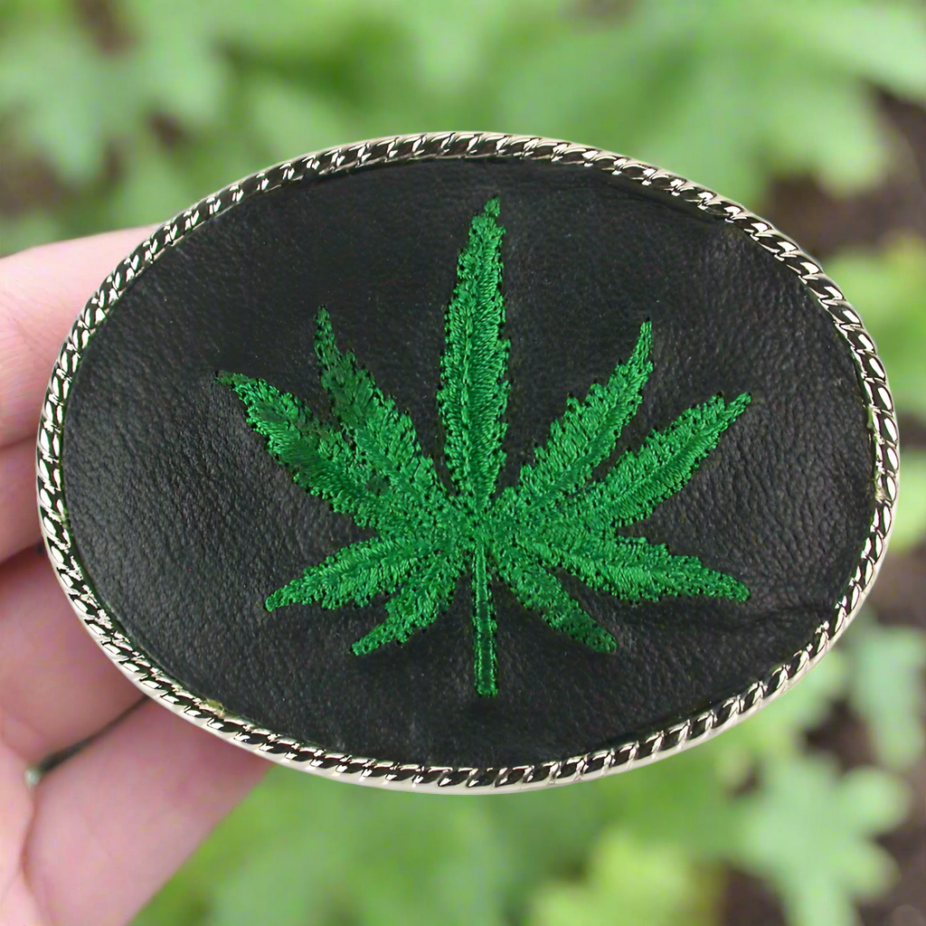 Embroidered Belt Buckle - Pot Cannabis Marijuana Leaf