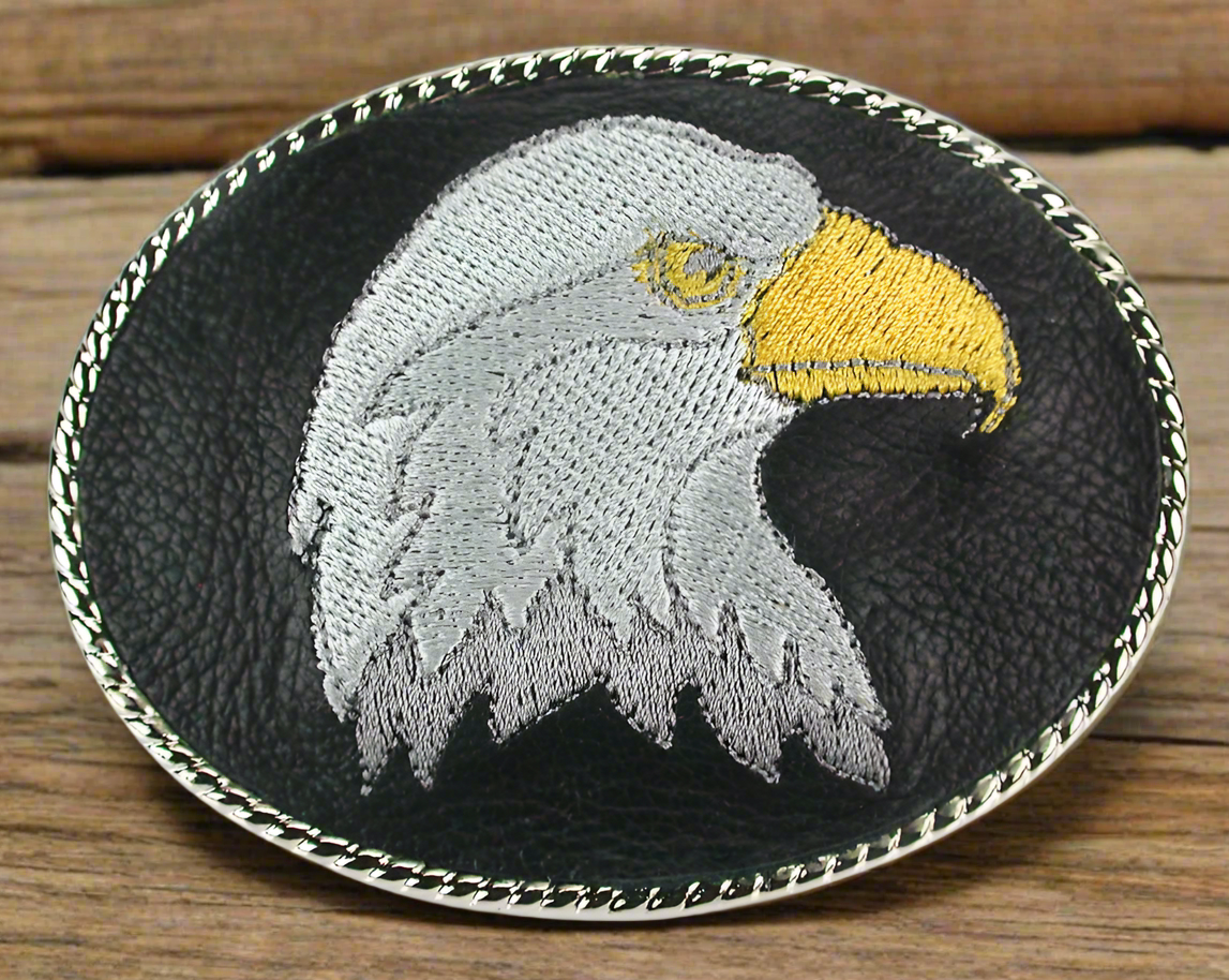 Embroidered Belt Buckle - Silver Eagle Head