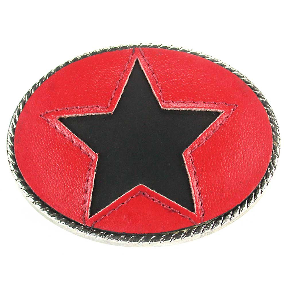 A red and black leather belt buckle with a cut out star design and gold metal rope trim.