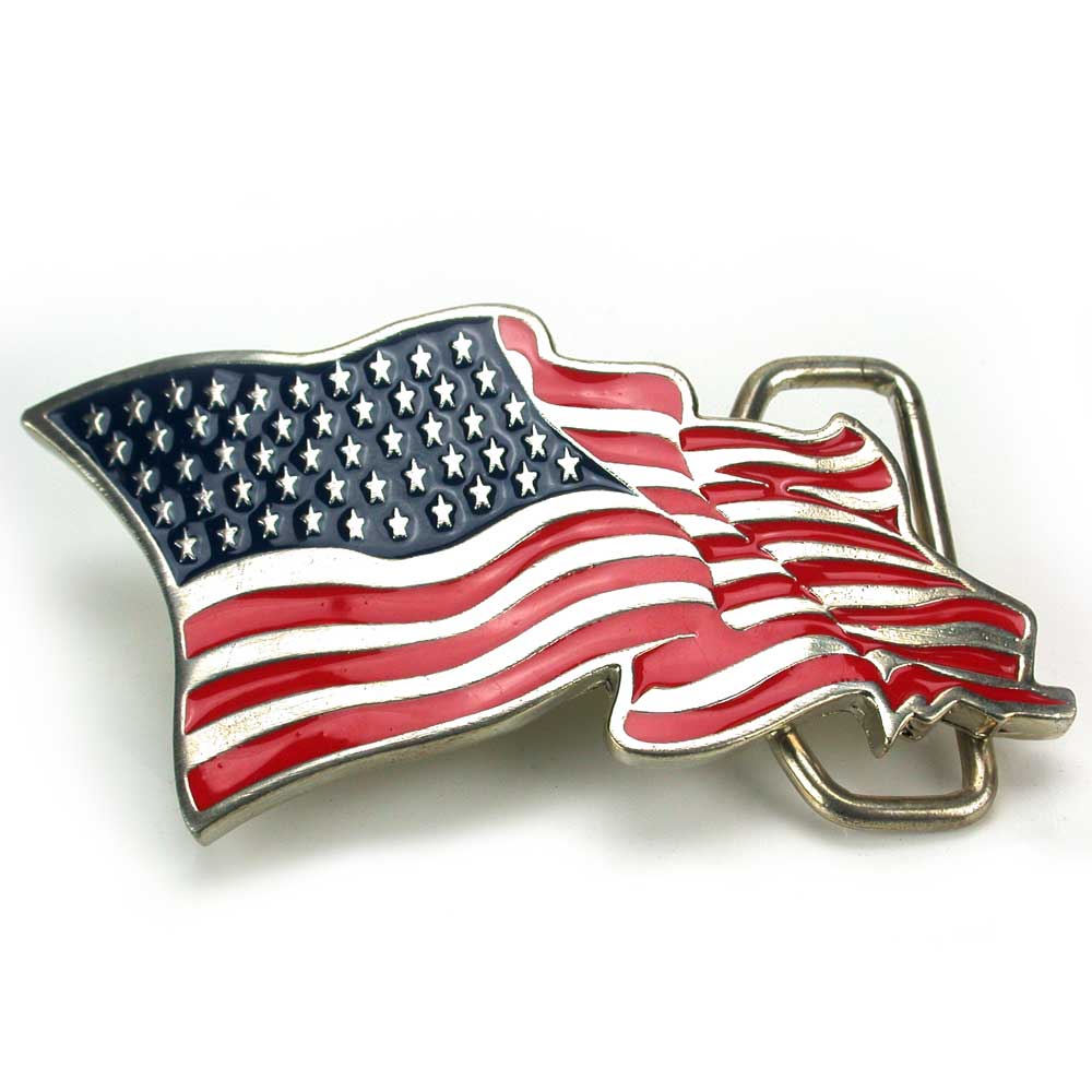 American Flag Belt Buckle with a silver finish and red and blue enamel, with a glossy shine finish.