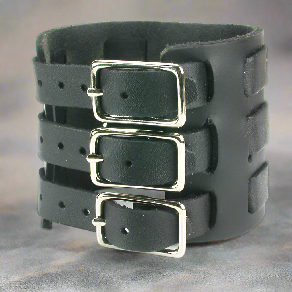 Three Strap Leather Wrist Cuff Watchband - Black