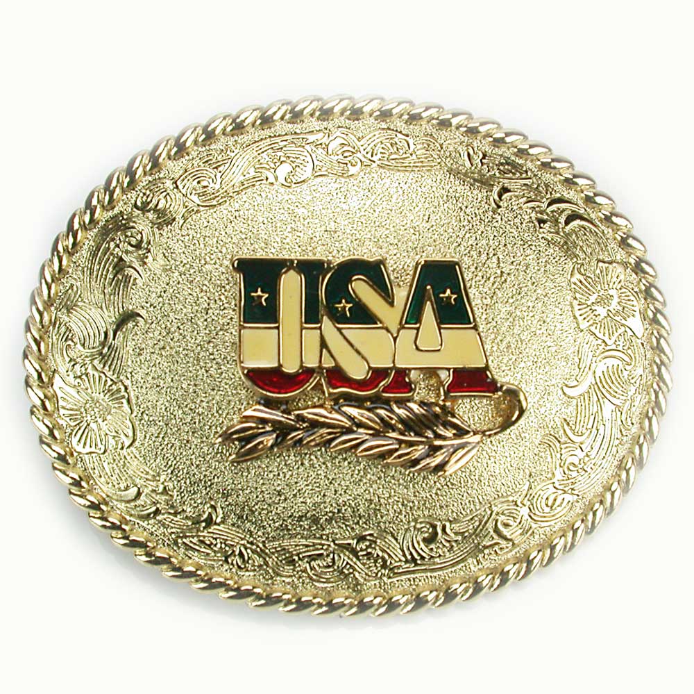 A gold belt buckle with 'USA' lettering and an American flag design, encircled by a rope-like pattern.