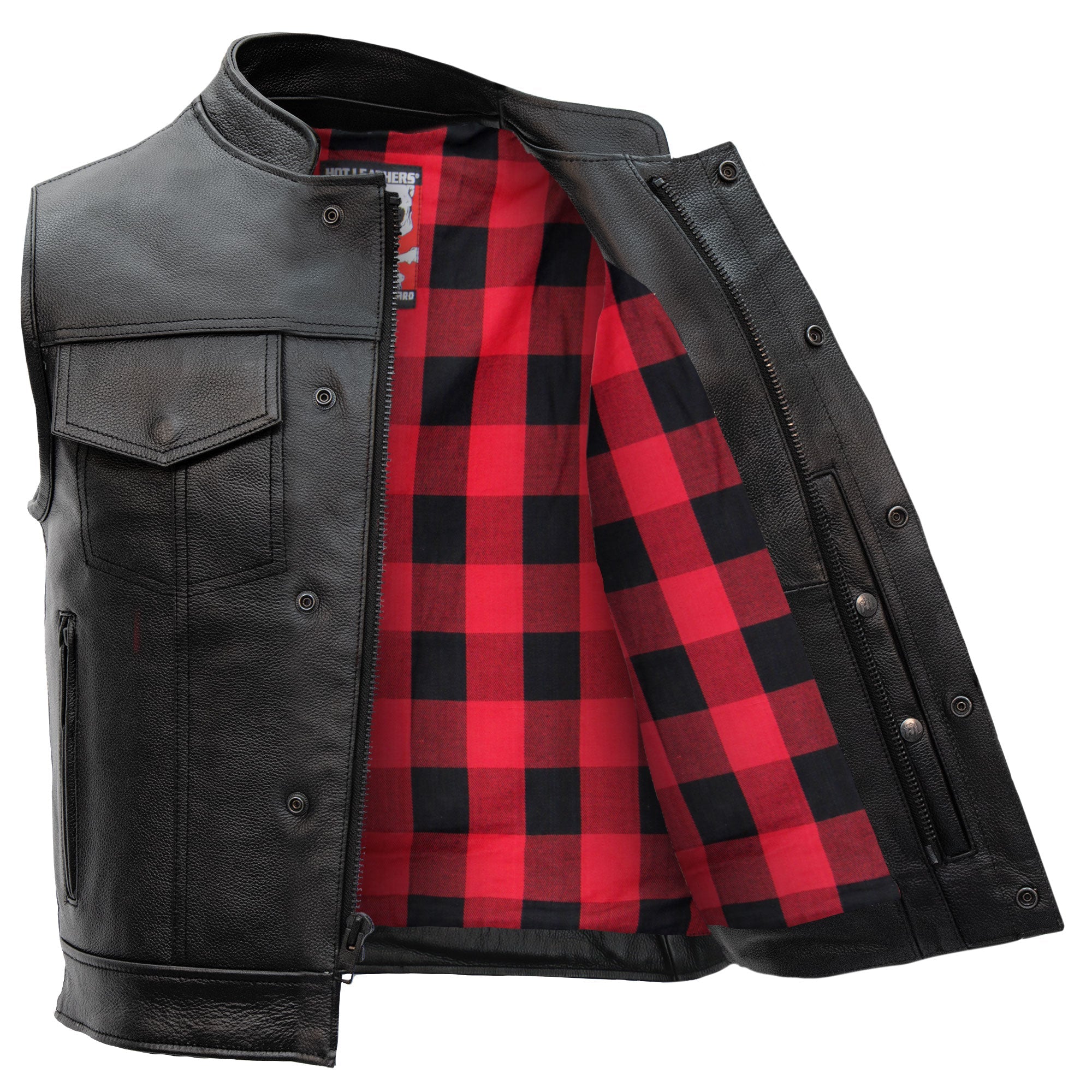 Hot Leathers VSM1060 Men's Black 'Flannel Red' Motorcycle Club Style Conceal and Carry Leather Biker Vest