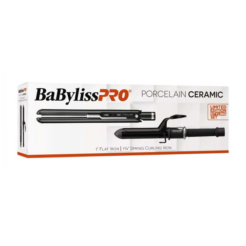 BabylissPro Porcelain Ceramic 1” Flat Iron & 1.25” Spring Curling Iron Combo (#BPCPP6UC)