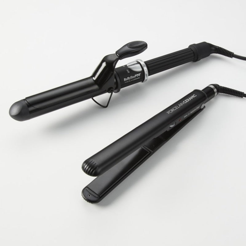 BabylissPro Porcelain Ceramic 1” Flat Iron & 1.25” Spring Curling Iron Combo (#BPCPP6UC)