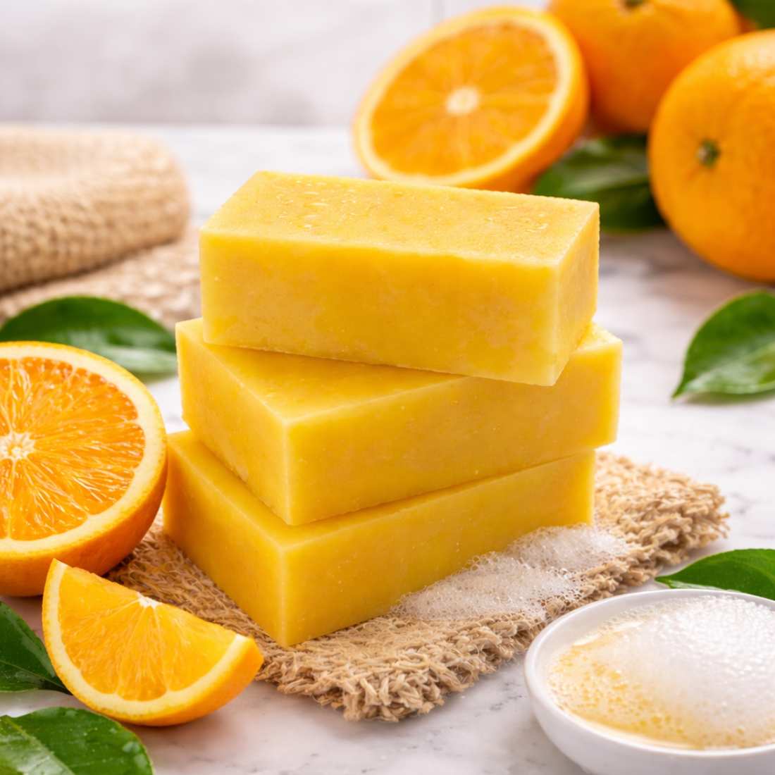 Citrus Shampoo Bar displayed with fruit