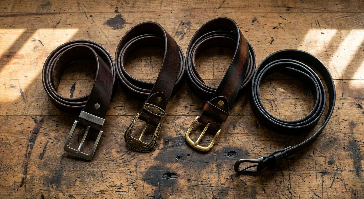 A flat lay of several men's leather belts with different buckle styles arranged on a weathered wooden workbench under dramatic side lighting.