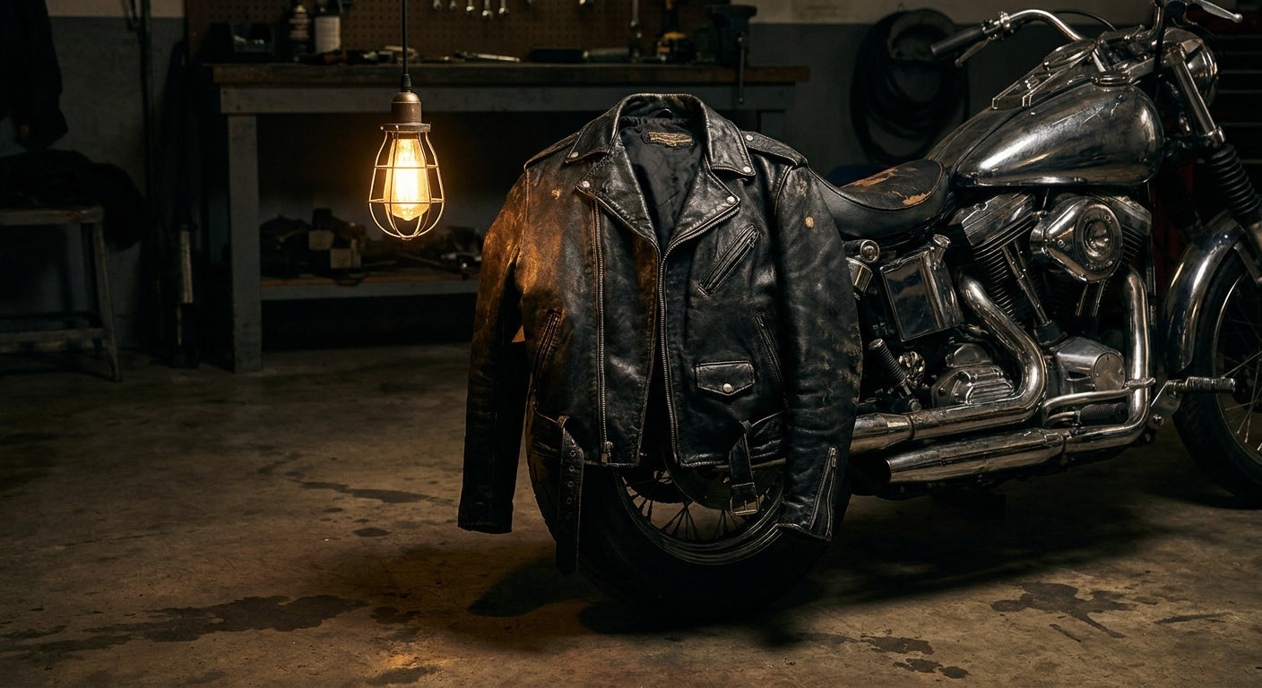 A classic black leather motorcycle jacket resting on a vintage motorcycle in a warmly lit garage, highlighting the texture and craftsmanship of the leather.