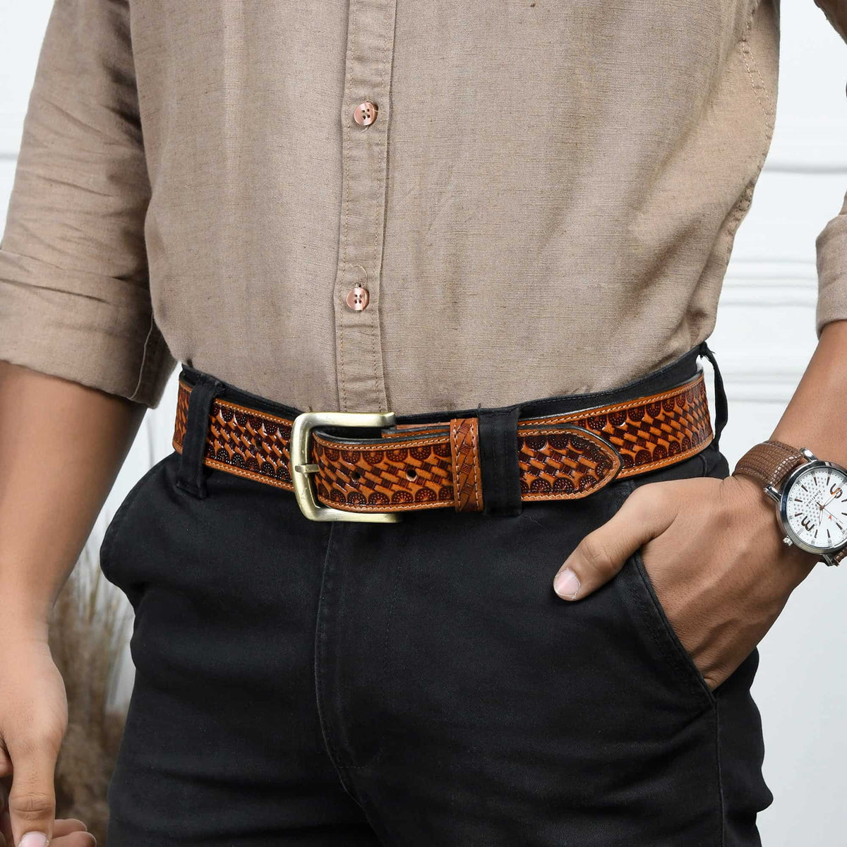 Modern Western Leather Belt on model
