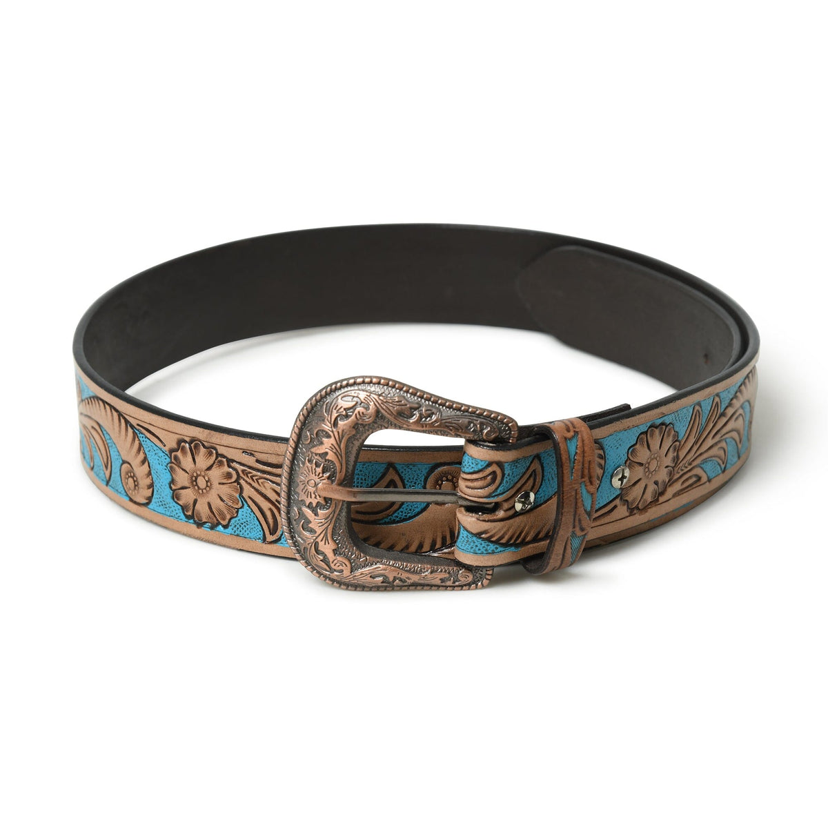 Western Cowboy Leather Belt with Engraved Metal Buckle - Blue & Brown  wide shot