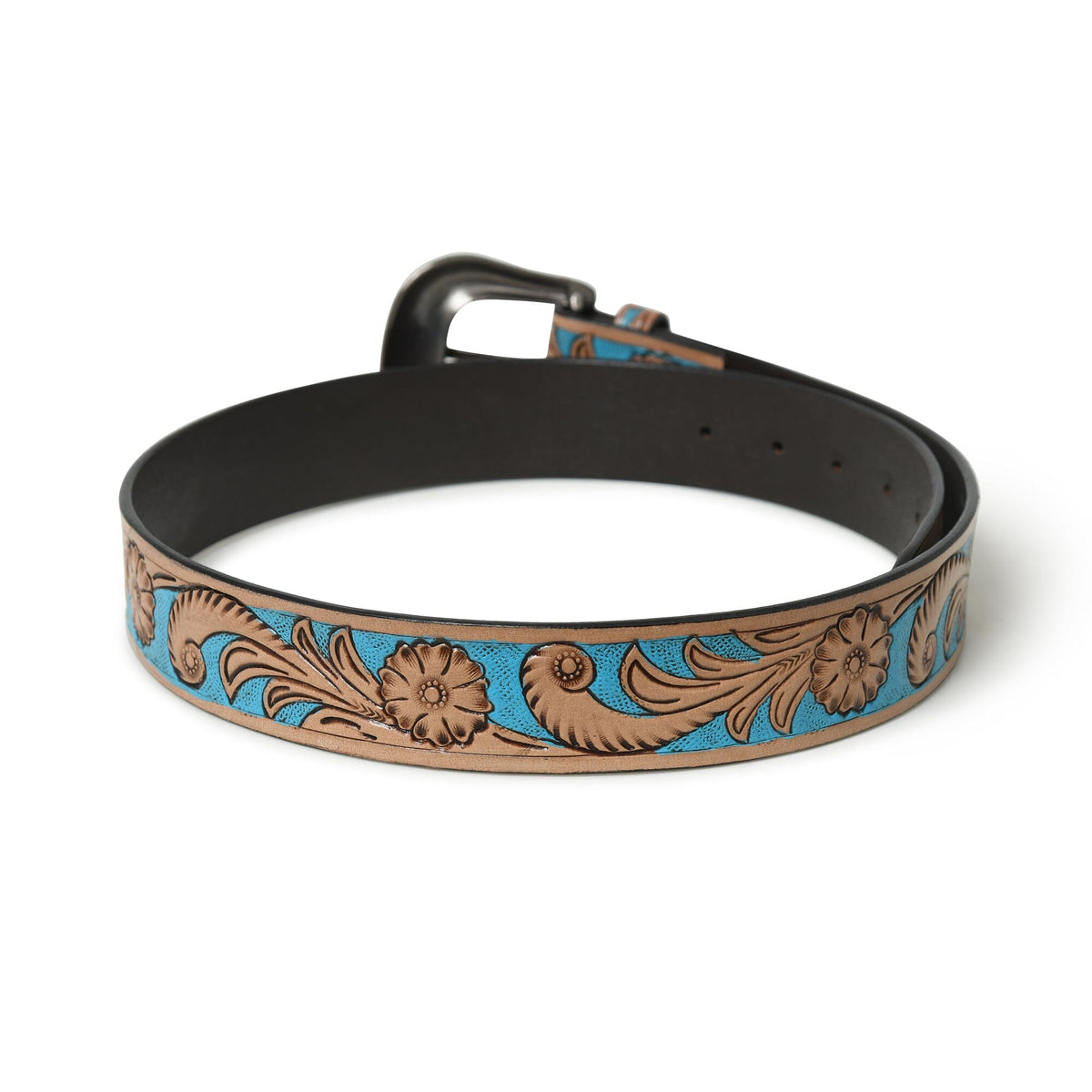 Western Cowboy Leather Belt with Engraved Metal Buckle - Blue & Brown  rear shot