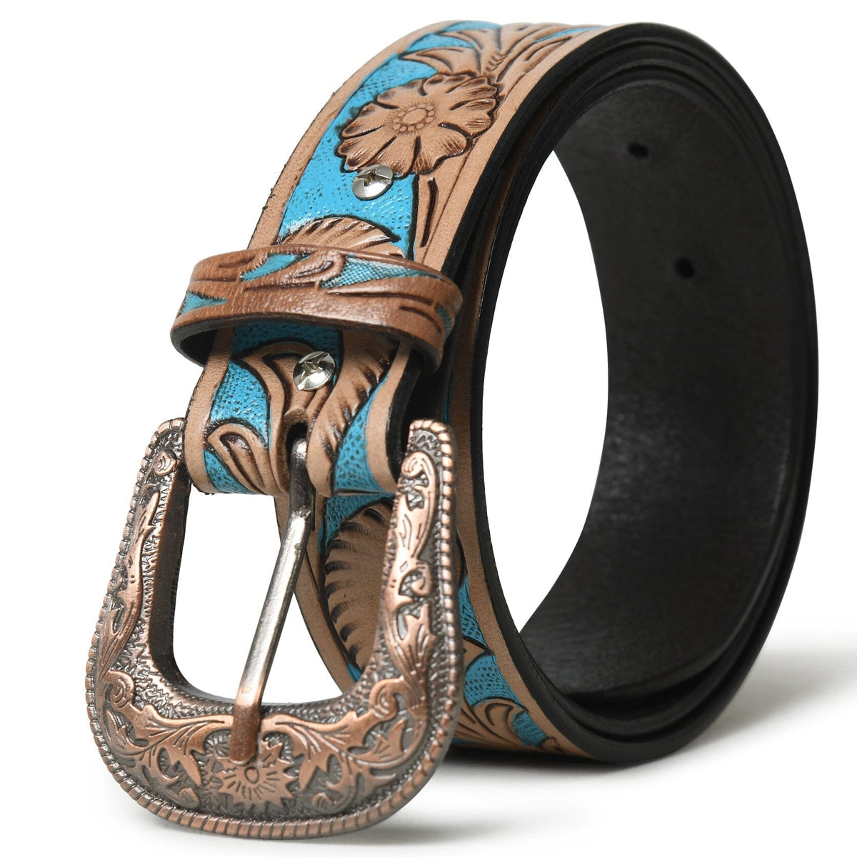 Western Cowboy Leather Belt with Engraved Metal Buckle - Blue & Brown