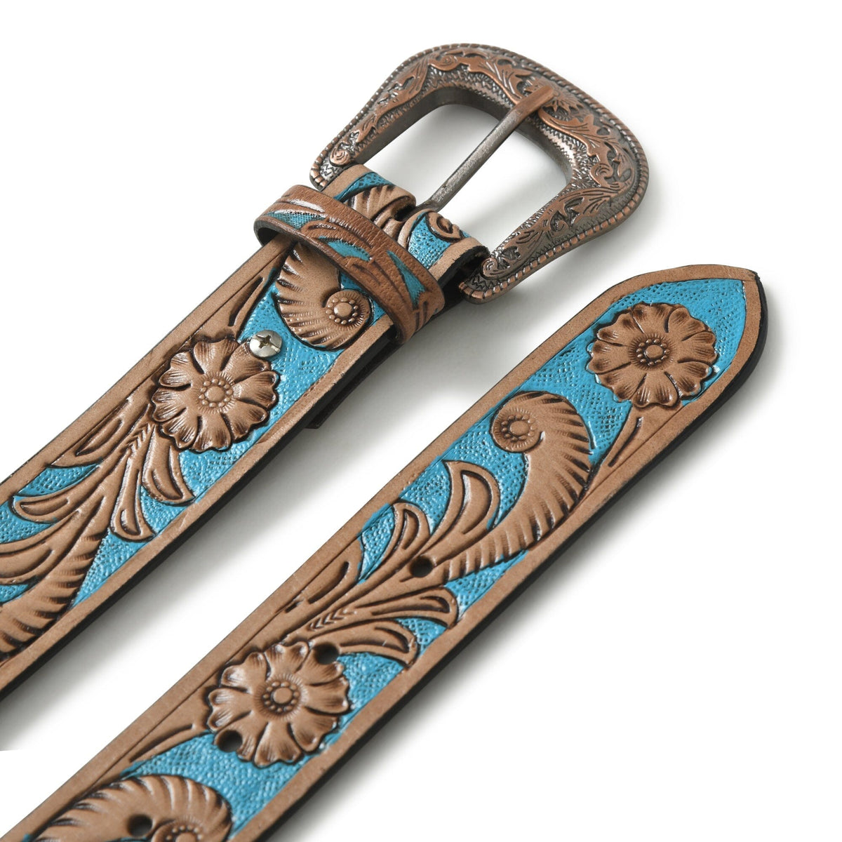 Western Cowboy Leather Belt with Engraved Metal Buckle - Blue & Brown closeup of buckle