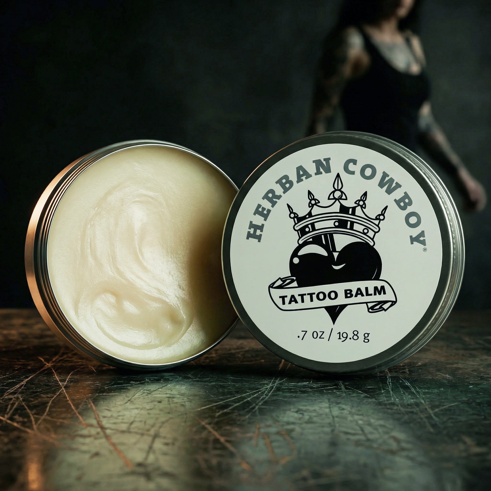 Herban Cowboy Tattoo Balm with open lid