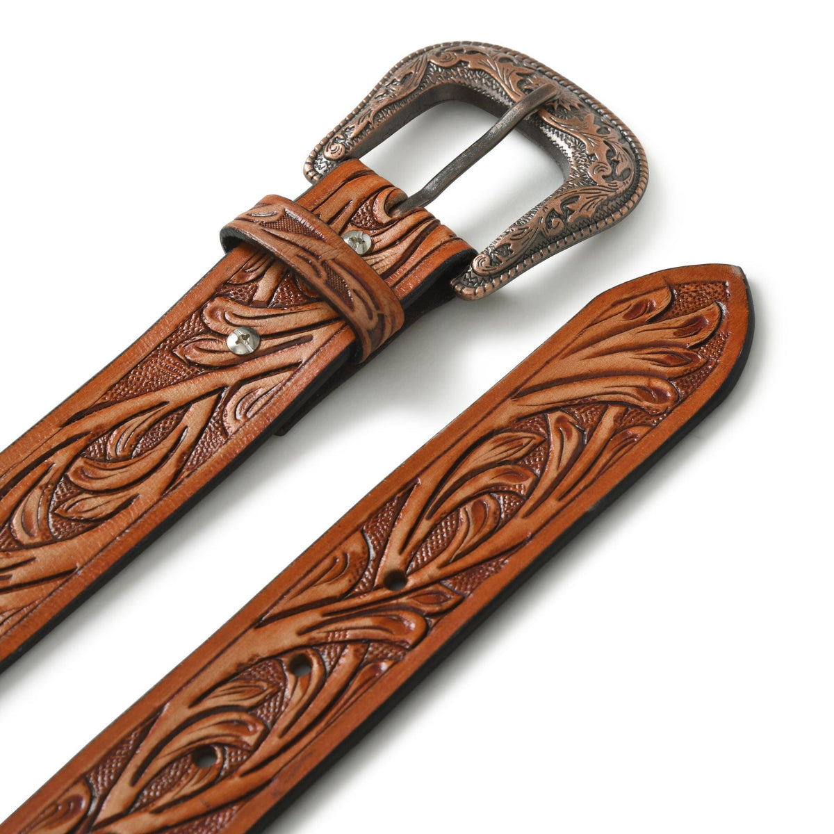 Western Cowboy Leather Belt - Brown showing detail