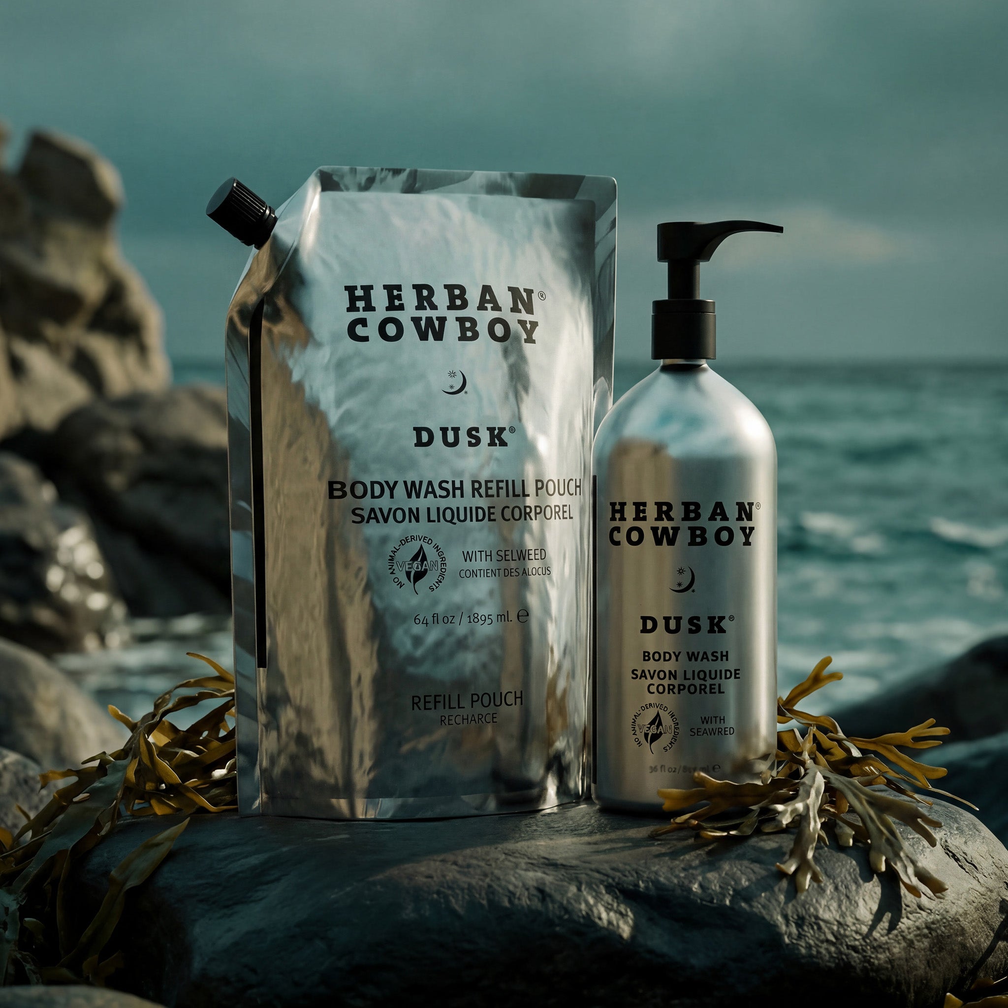 Dusk Body Wash in Pump Bottle & Refill Pouch by Herban Cowboy display