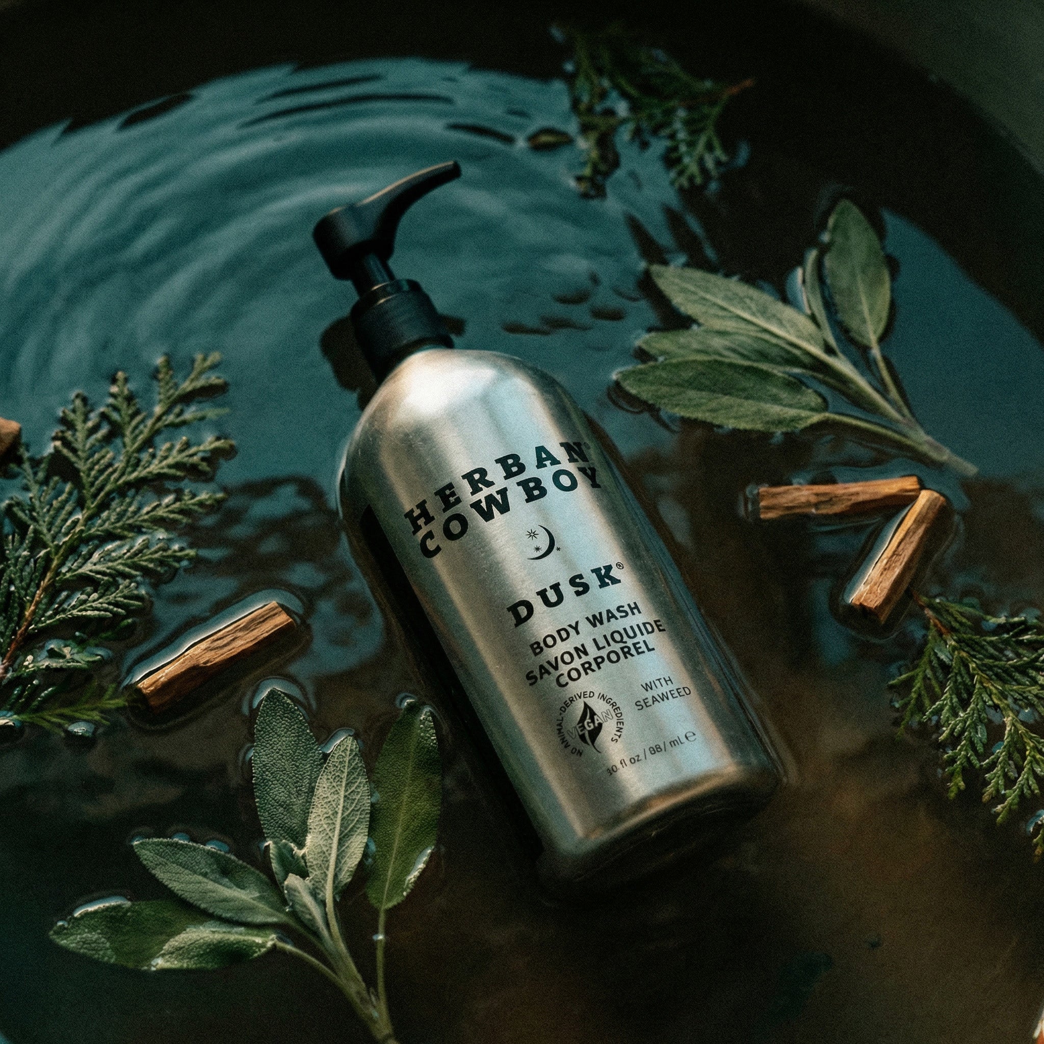 Dusk Body Wash Refillable Aluminum Pump by Herban Cowboy display