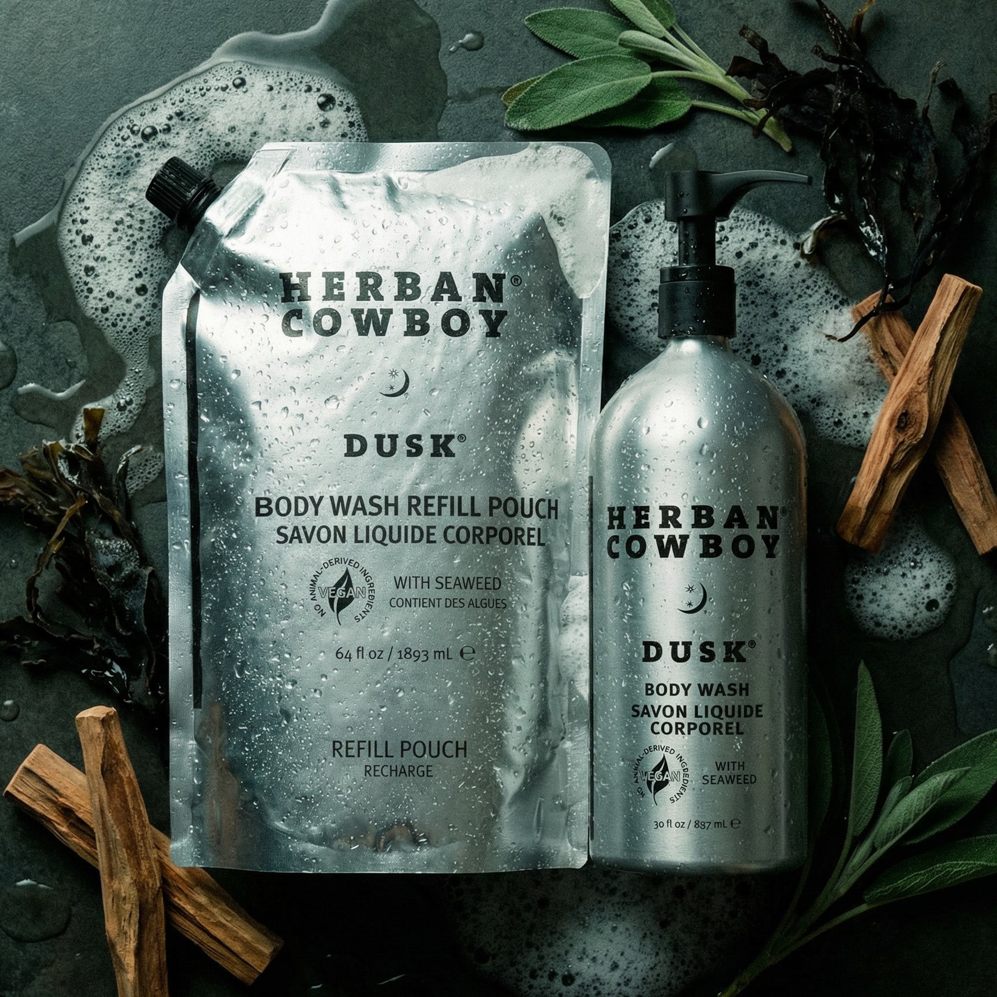 Dusk Body Wash in Pump Bottle & Refill Pouch by Herban Cowboy display