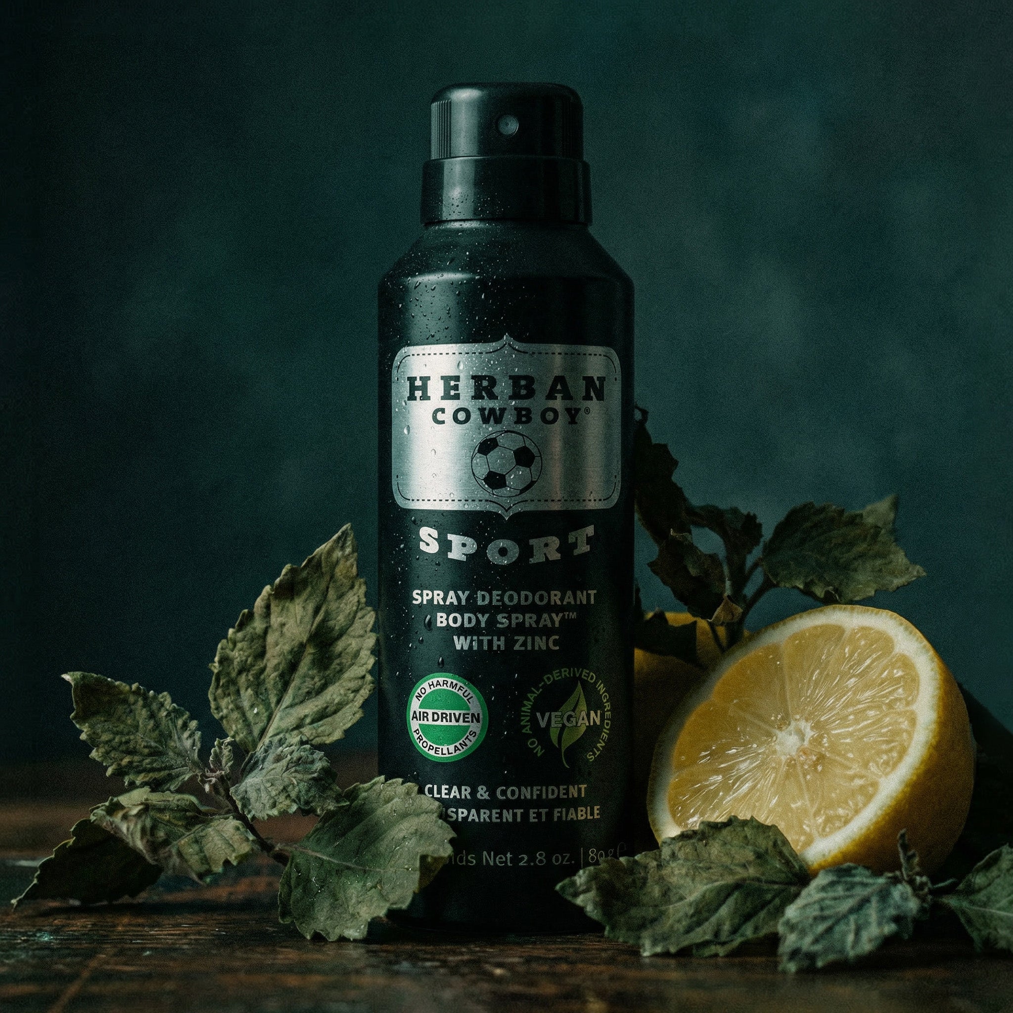 Herban Cowboy Sport spray deodorant bottle with lemon and leaves