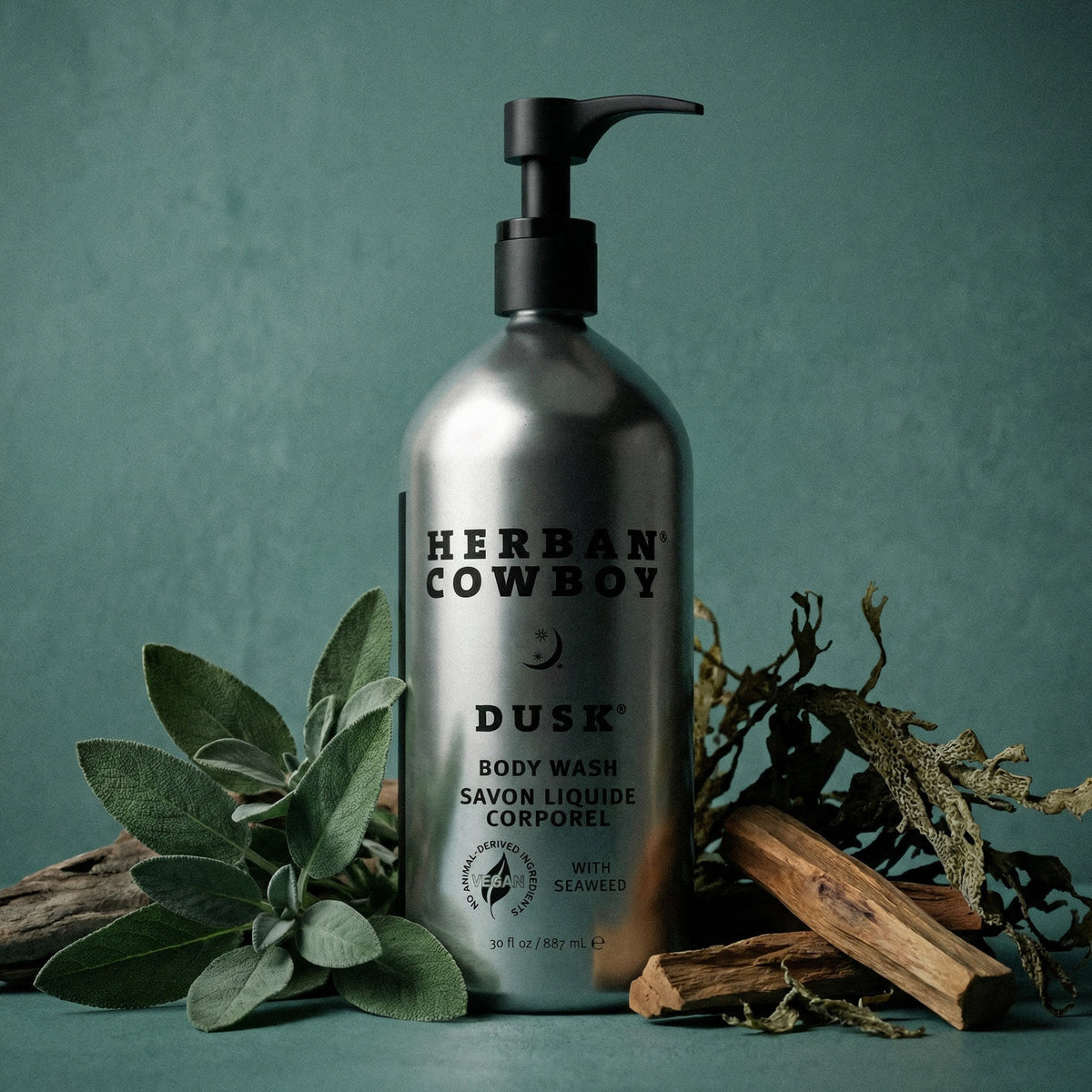 Dusk Body Wash Refillable Aluminum Pump by Herban Cowboy display
