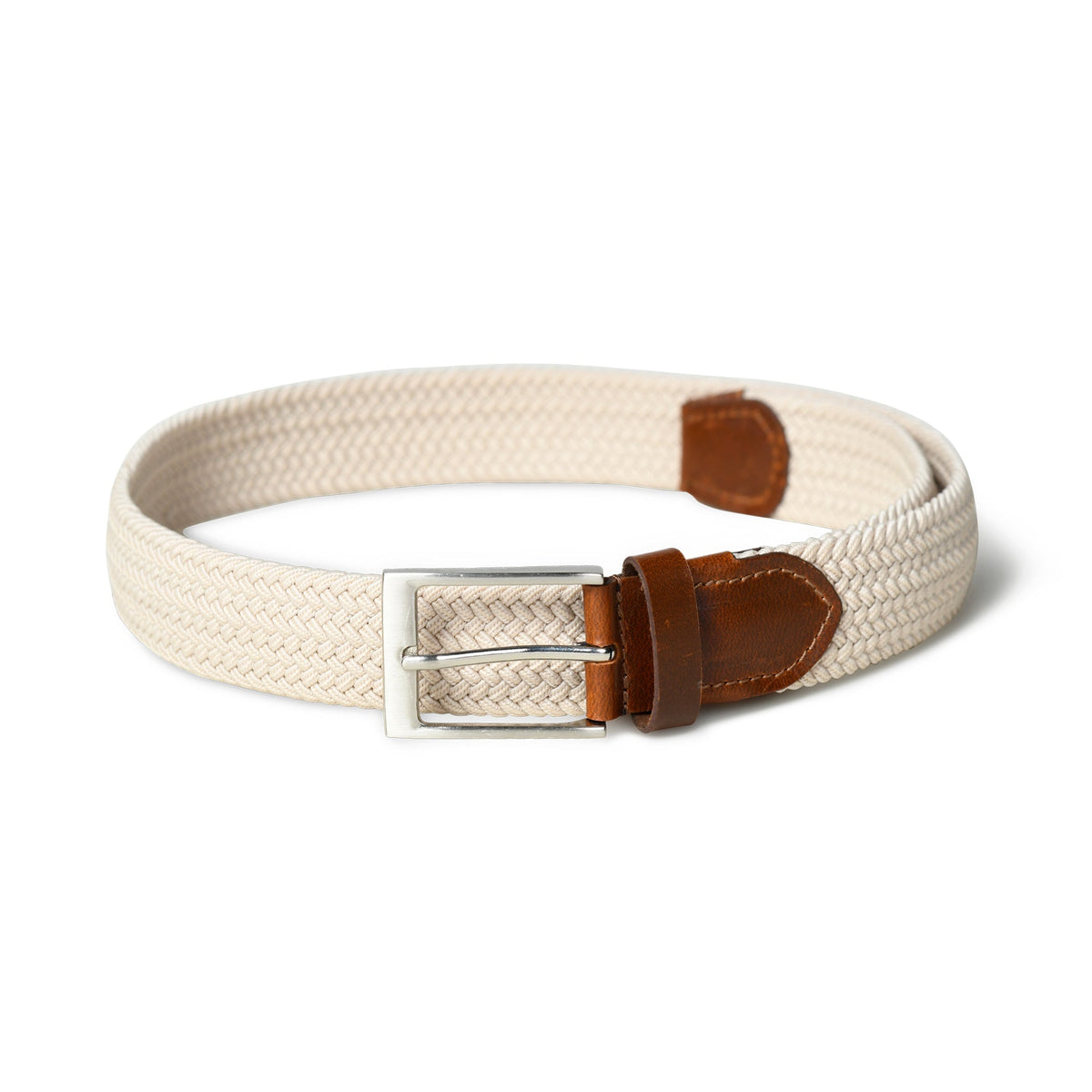 Cream & Brown Braided Canvas Leather Belt front