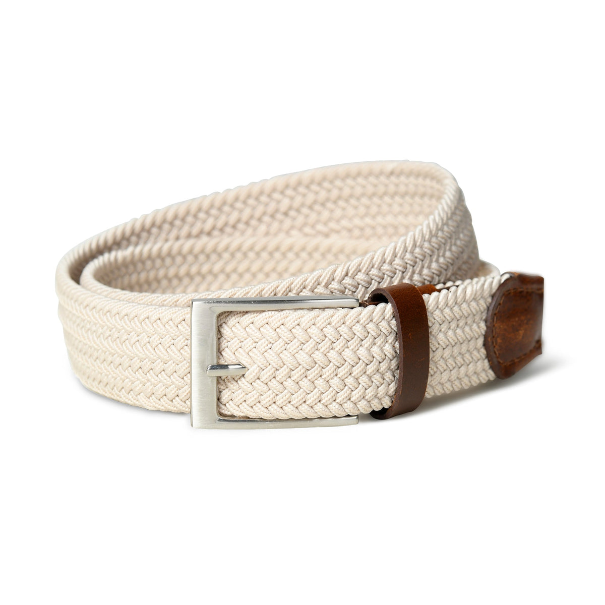 Cream & Brown Braided Canvas Leather Belt closeup of buckle