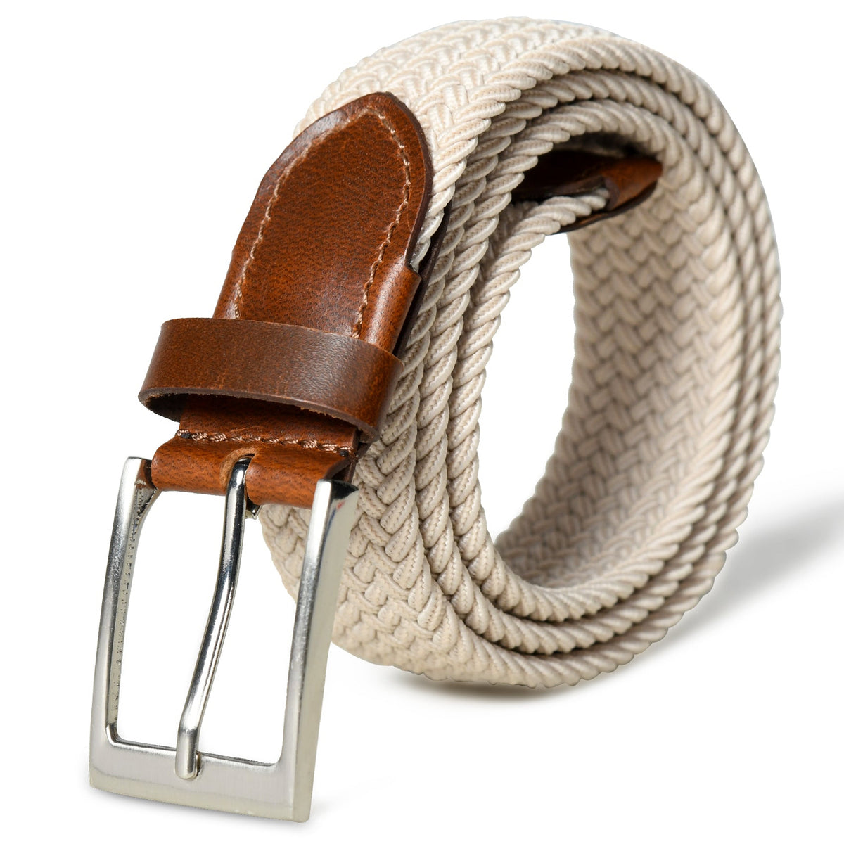 Cream & Brown Braided Canvas Leather Belt
