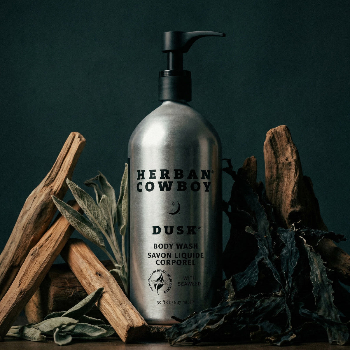 Dusk Body Wash Refillable Aluminum Pump by Herban Cowboy display