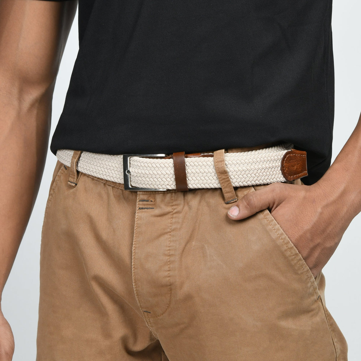Cream & Brown Braided Canvas Leather Belt on model