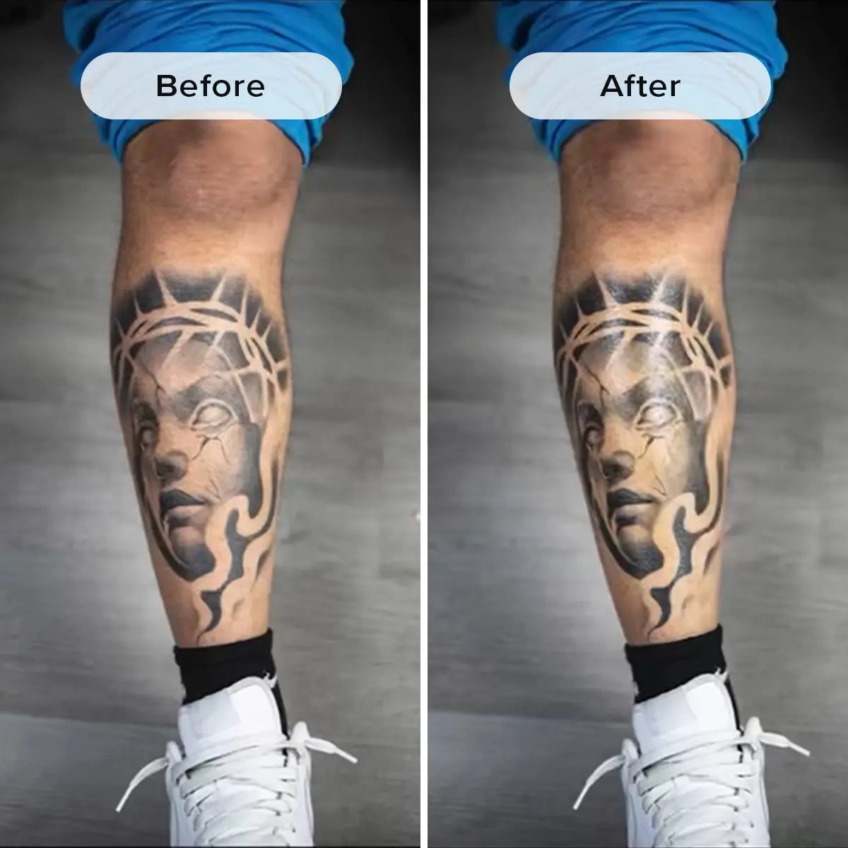 Tattoo Balm by Herban Cowboy before and after comparison of a tattoo on a person's leg.