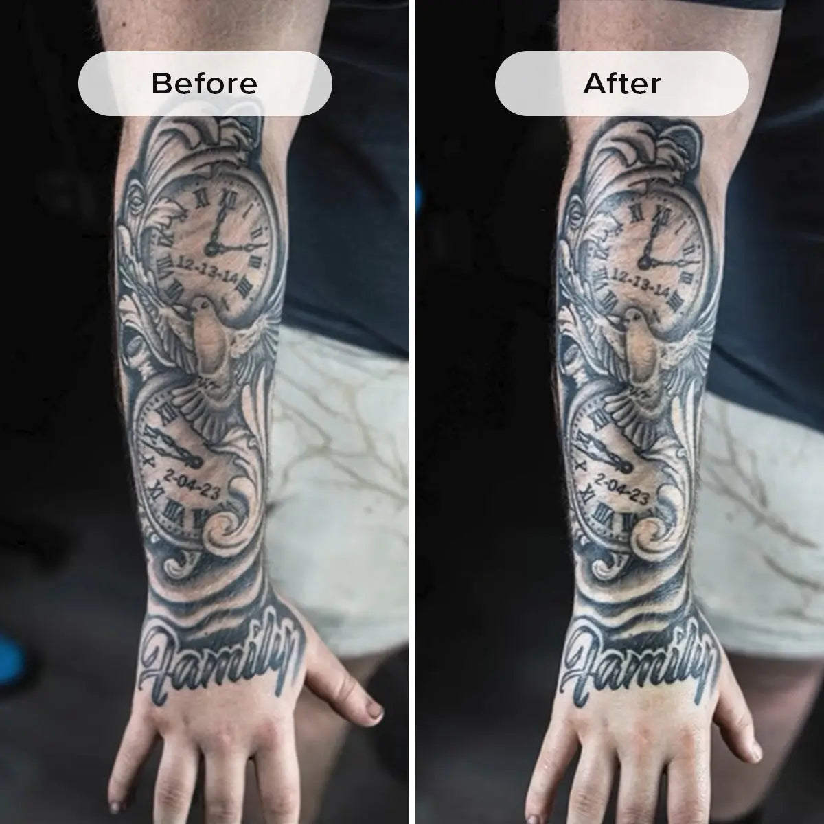 Tattoo Balm by Herban Cowboy before and after comparison of a tattoo on a person's arm.