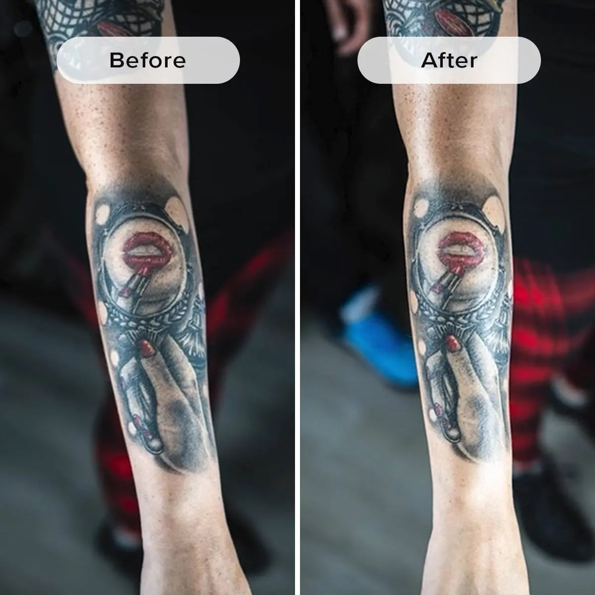 Tattoo Balm by Herban Cowboy before and after comparison of a tattoo on a person's arm.