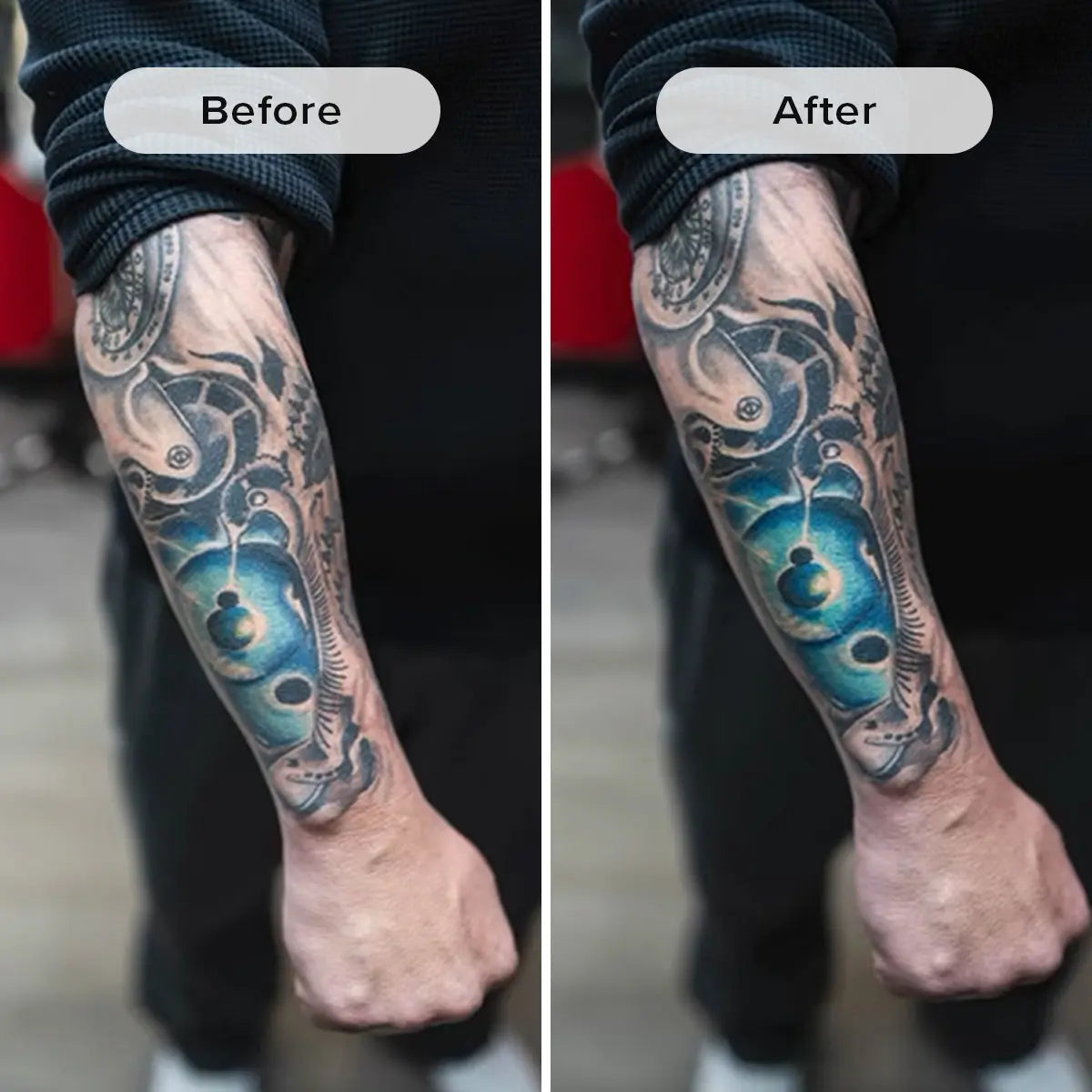 Tattoo Balm by Herban Cowboy before and after comparison of a tattoo on a person's arm.