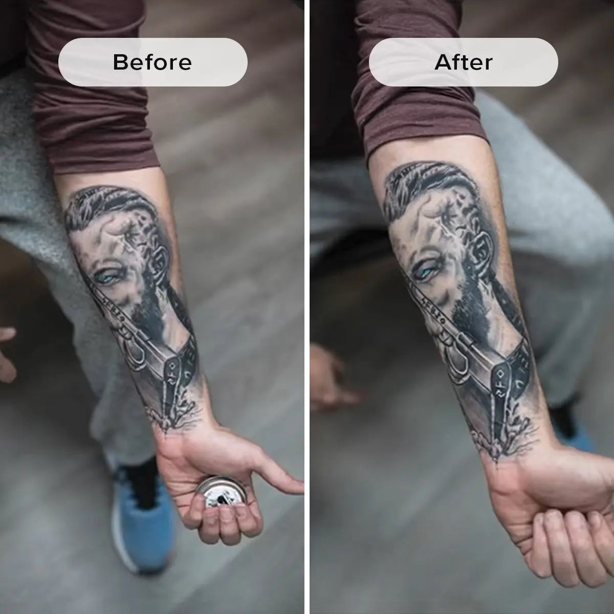 Tattoo Balm by Herban Cowboy before and after comparison of a tattoo on a person's arm.