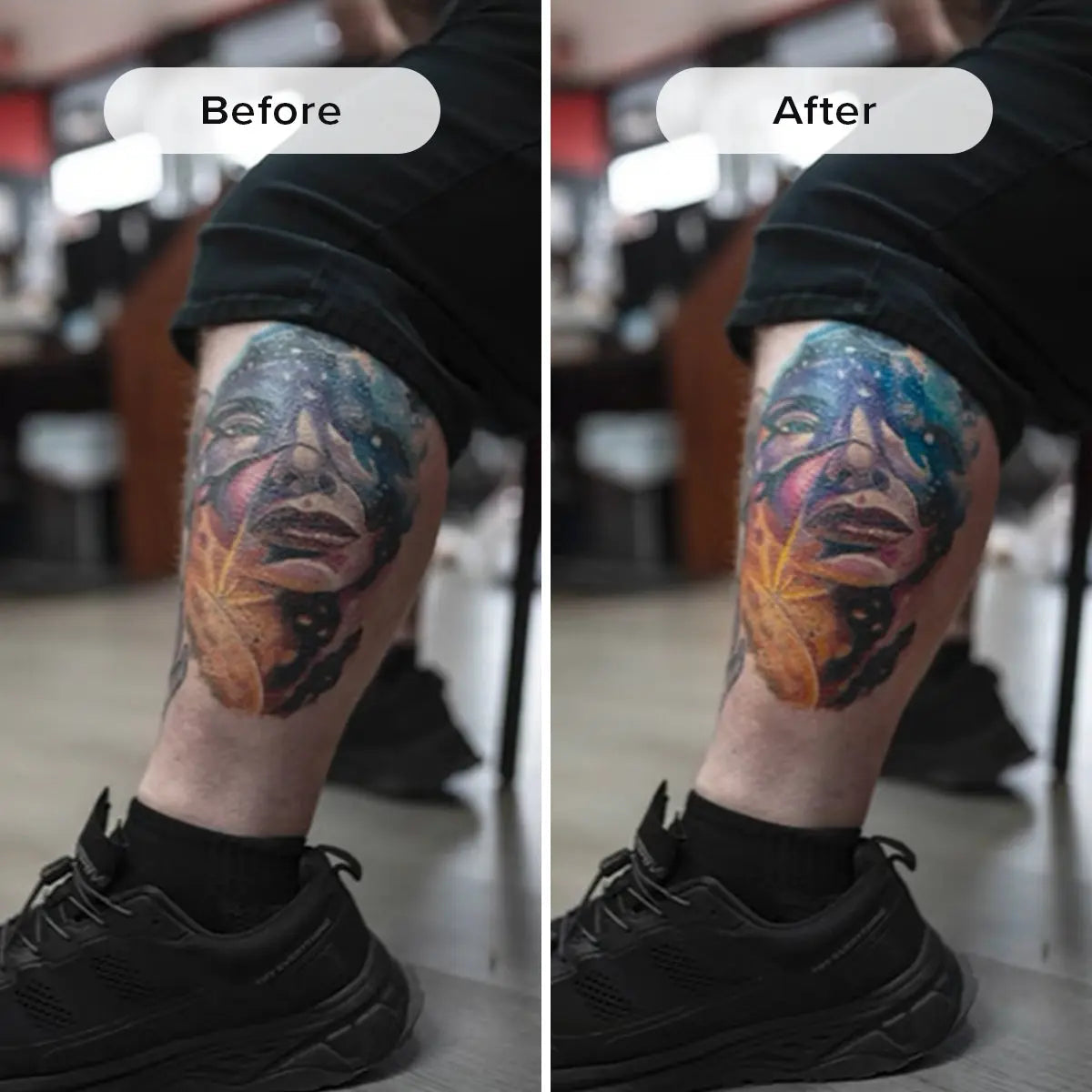 Tattoo Balm by Herban Cowboy before and after comparison of a tattoo on a person's leg.
