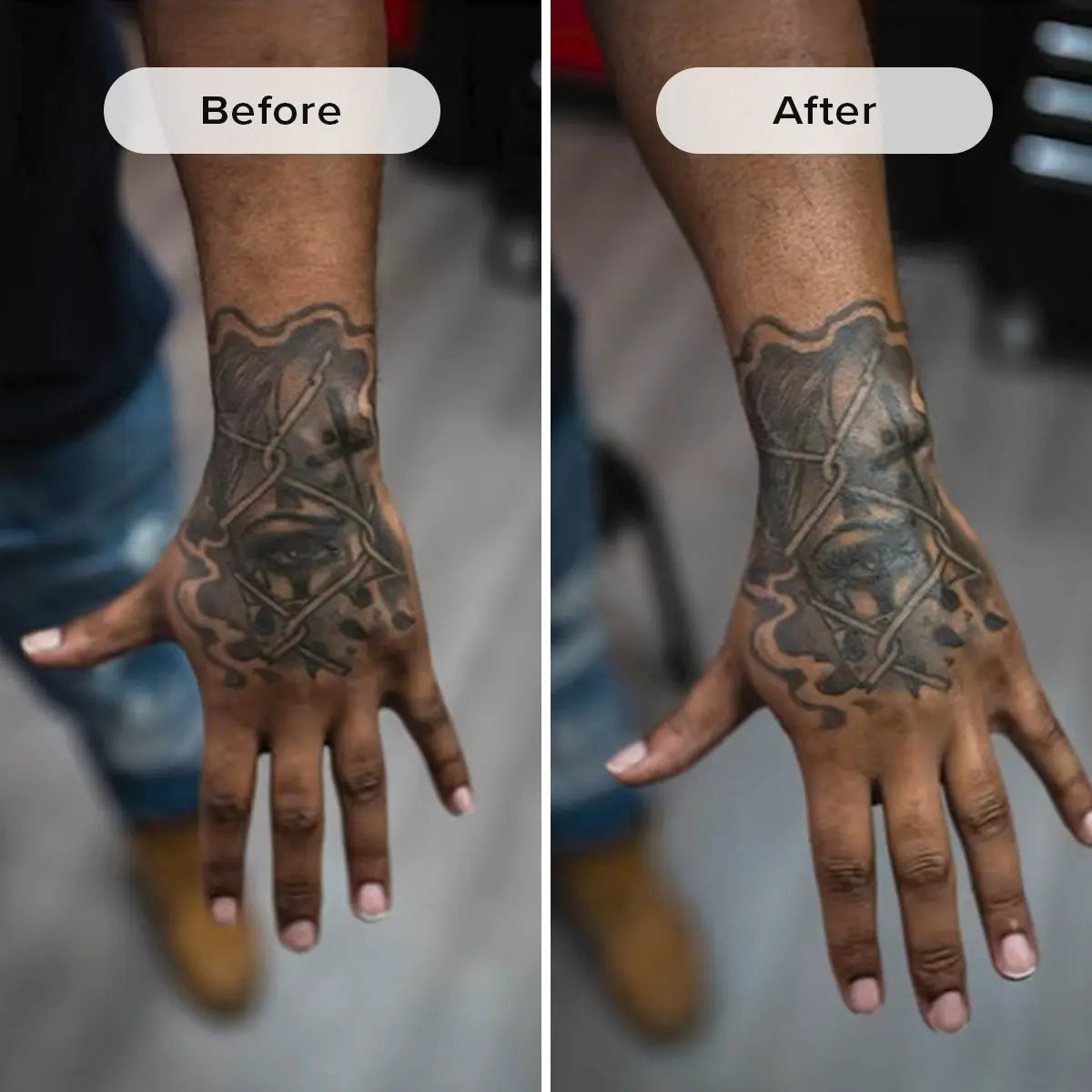 Tattoo Balm by Herban Cowboy before and after comparison of a tattoo on a person's hand.