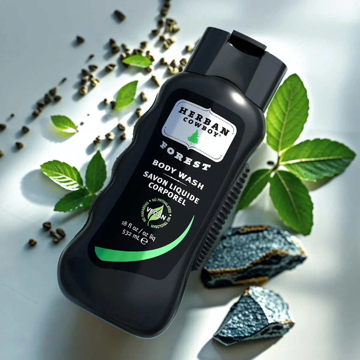 Herban Cowboy Forest Body Wash bottle with green leaves