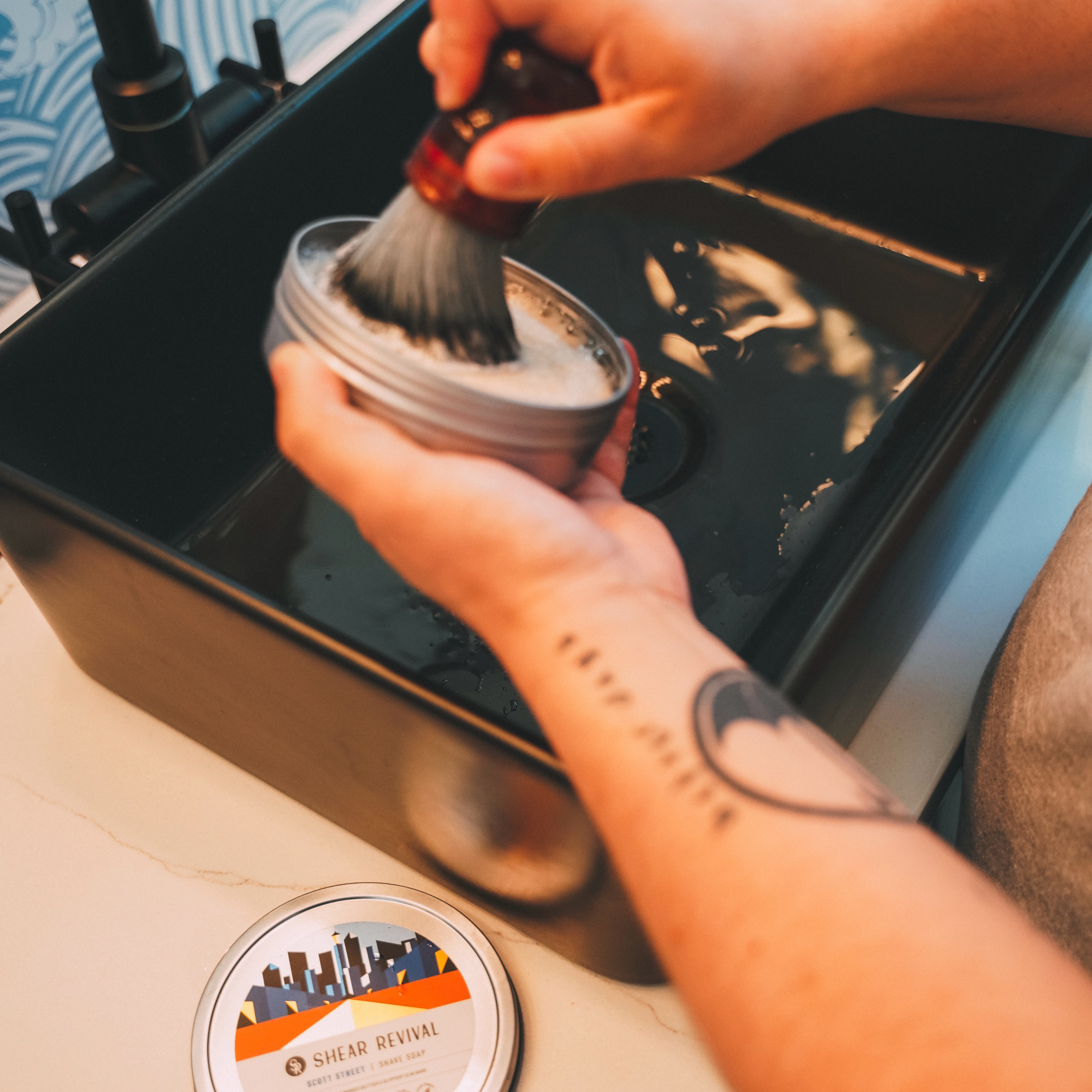 Badger Hair Shave Brush and Stand in use