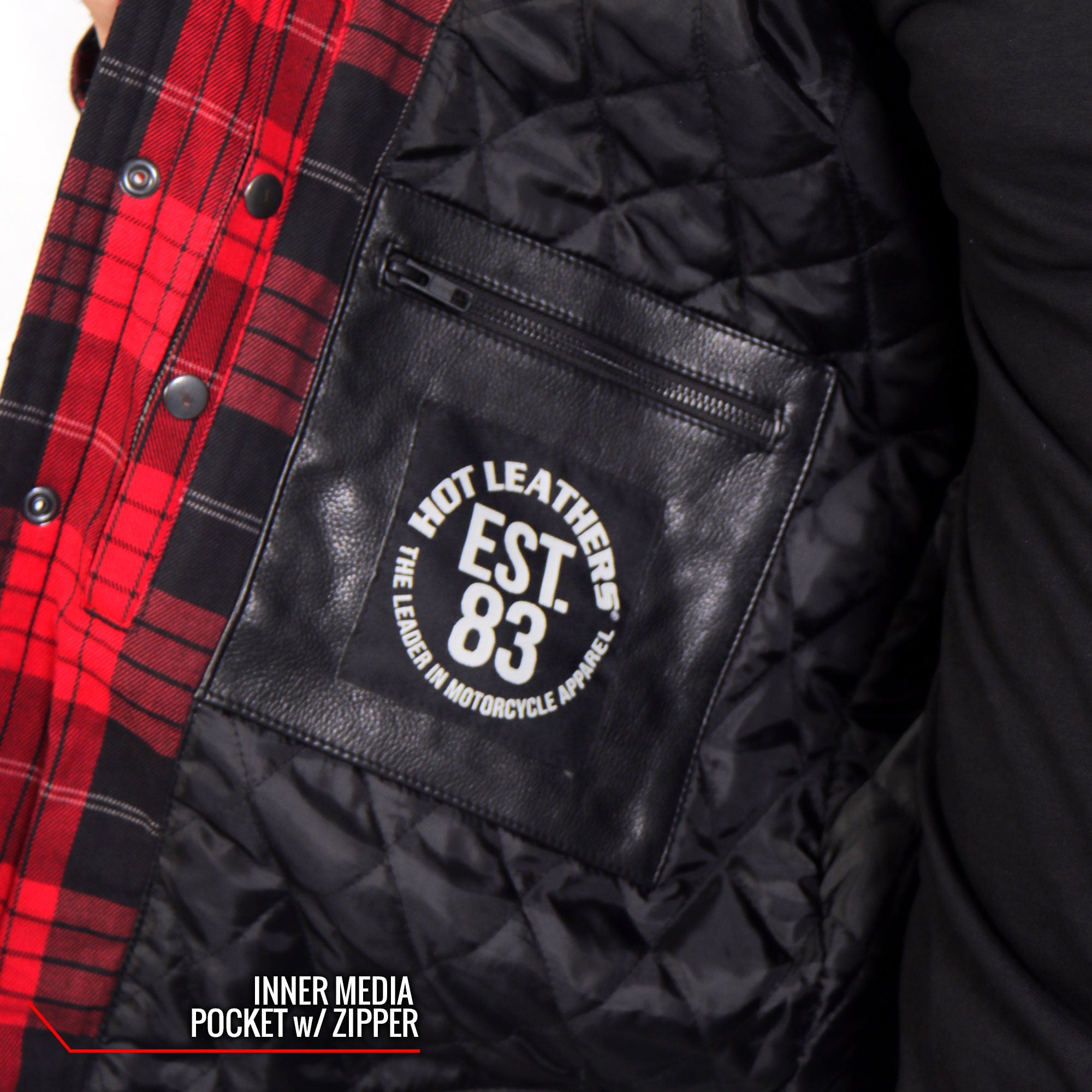 Hot Leathers JKM3201 Men's Motorcycle style Red and Black Reinforced Leather and Plaid Flannel Biker Shirt