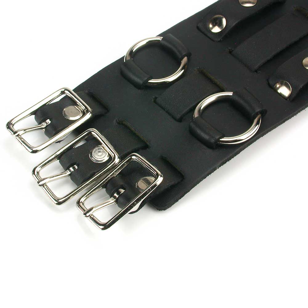 Studded Wrist Cuff Watch Band with Four Rings and Studs - Black