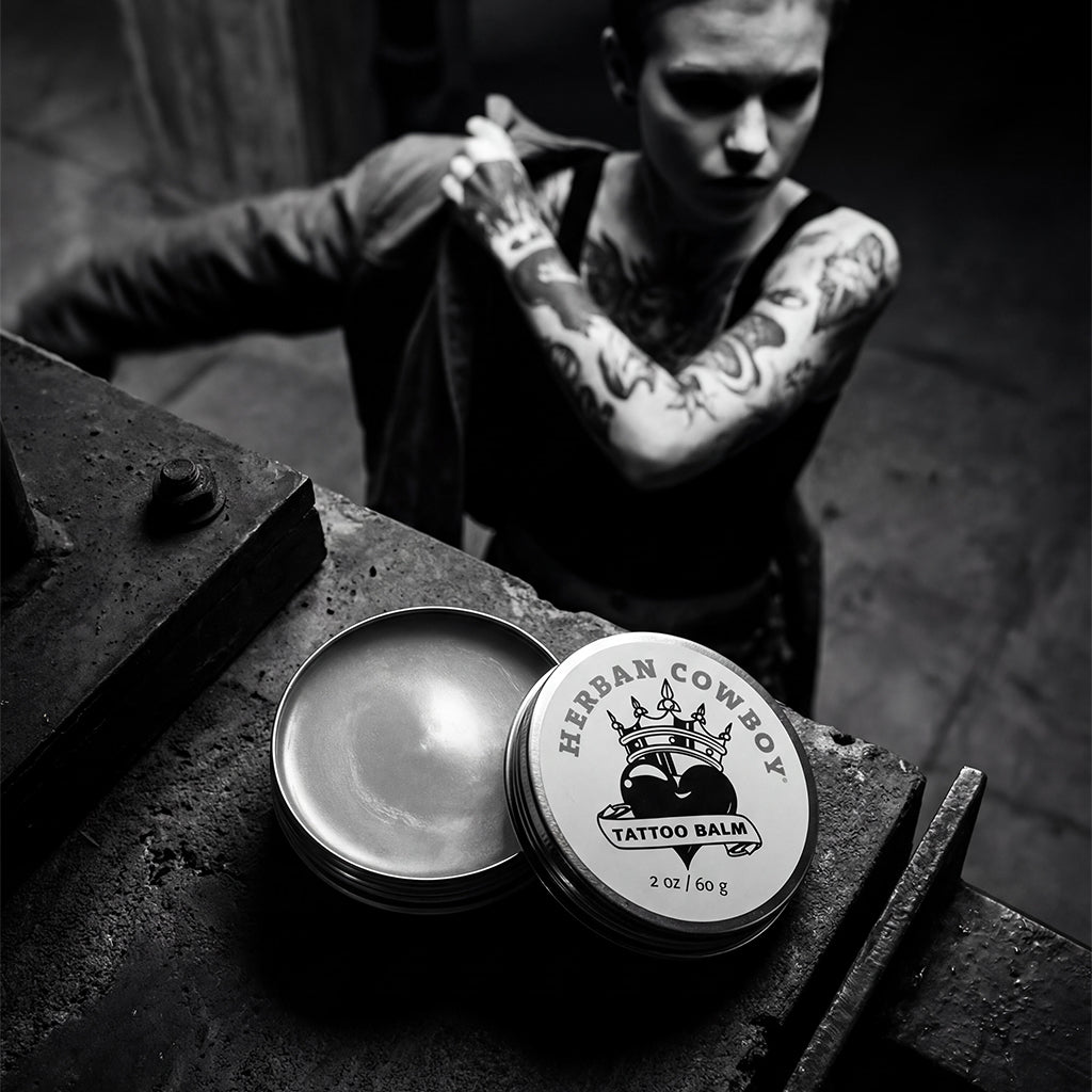 Tattoo Balm by Herban Cowboy in use