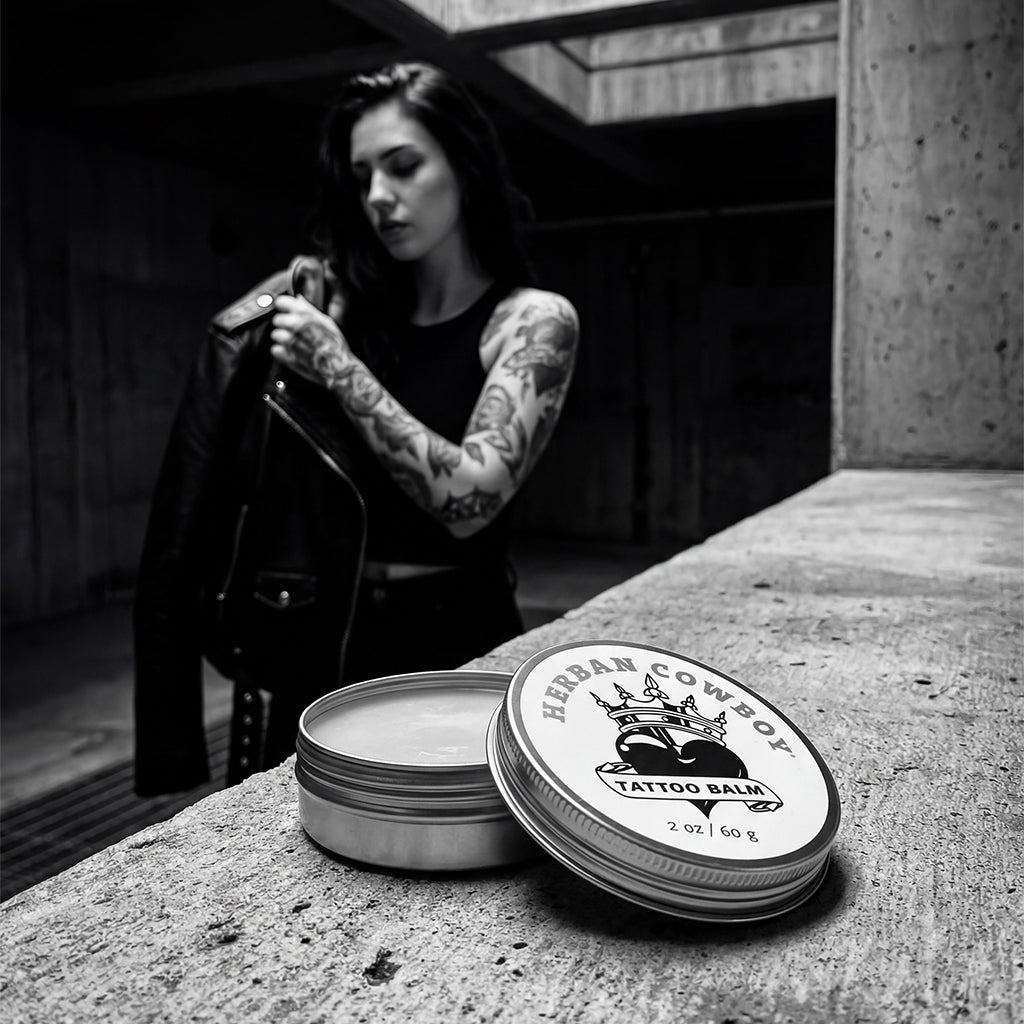 Tattoo Balm by Herban Cowboy in use