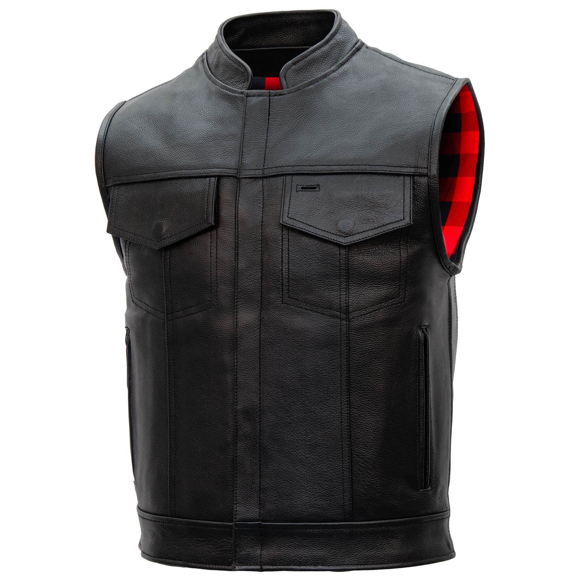 Hot Leathers VSM1060 Men's Black 'Flannel Red' Motorcycle Club Style Conceal and Carry Leather Biker Vest