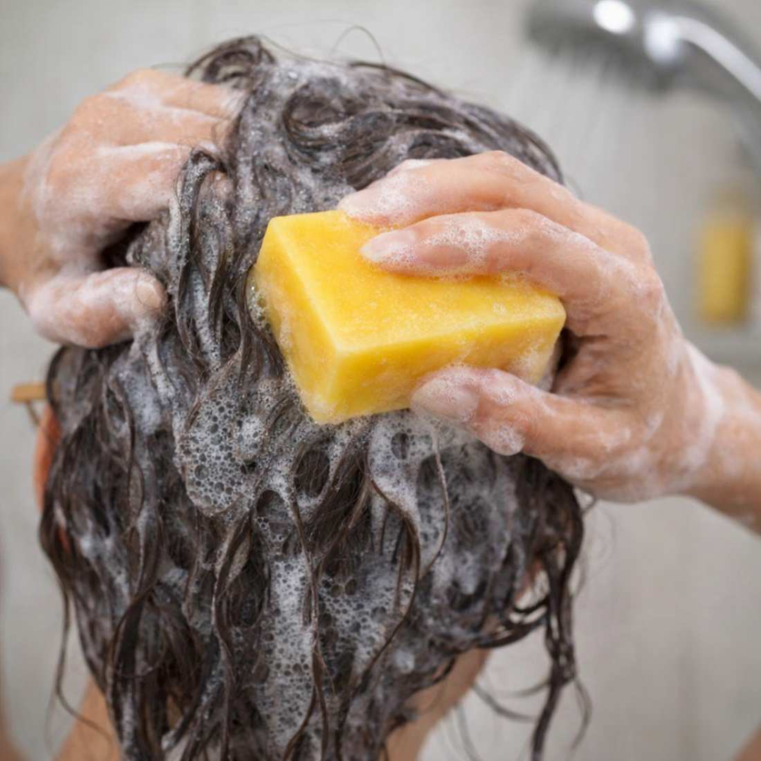 Citrus Shampoo Bar in use with lather