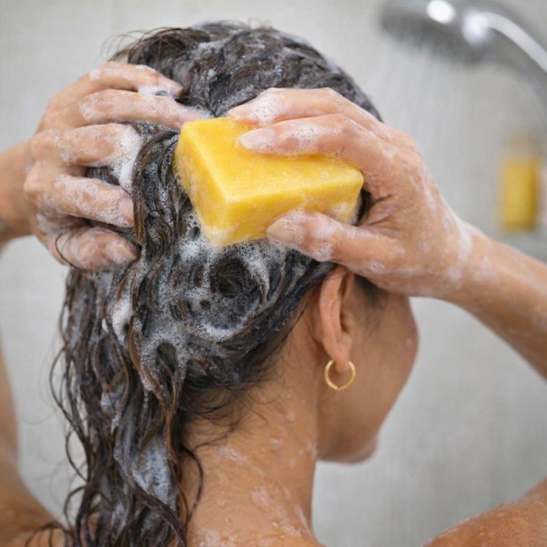 Citrus Shampoo Bar in use