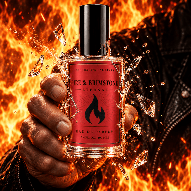 A hand holds a bottle of Lockhart's Lab Leathers 'Fire & Brimstone Eternal' Eau de Parfum against a dramatic background of fire, sparks, and shattered glass.