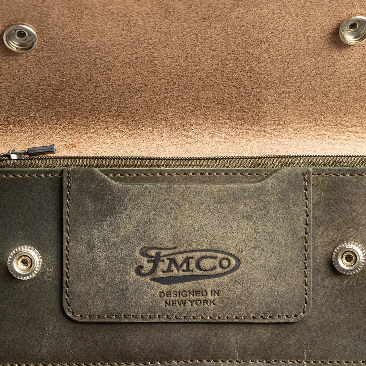 Large Vegetable Tanned Leather trucker Wallet closeup of imprint inside