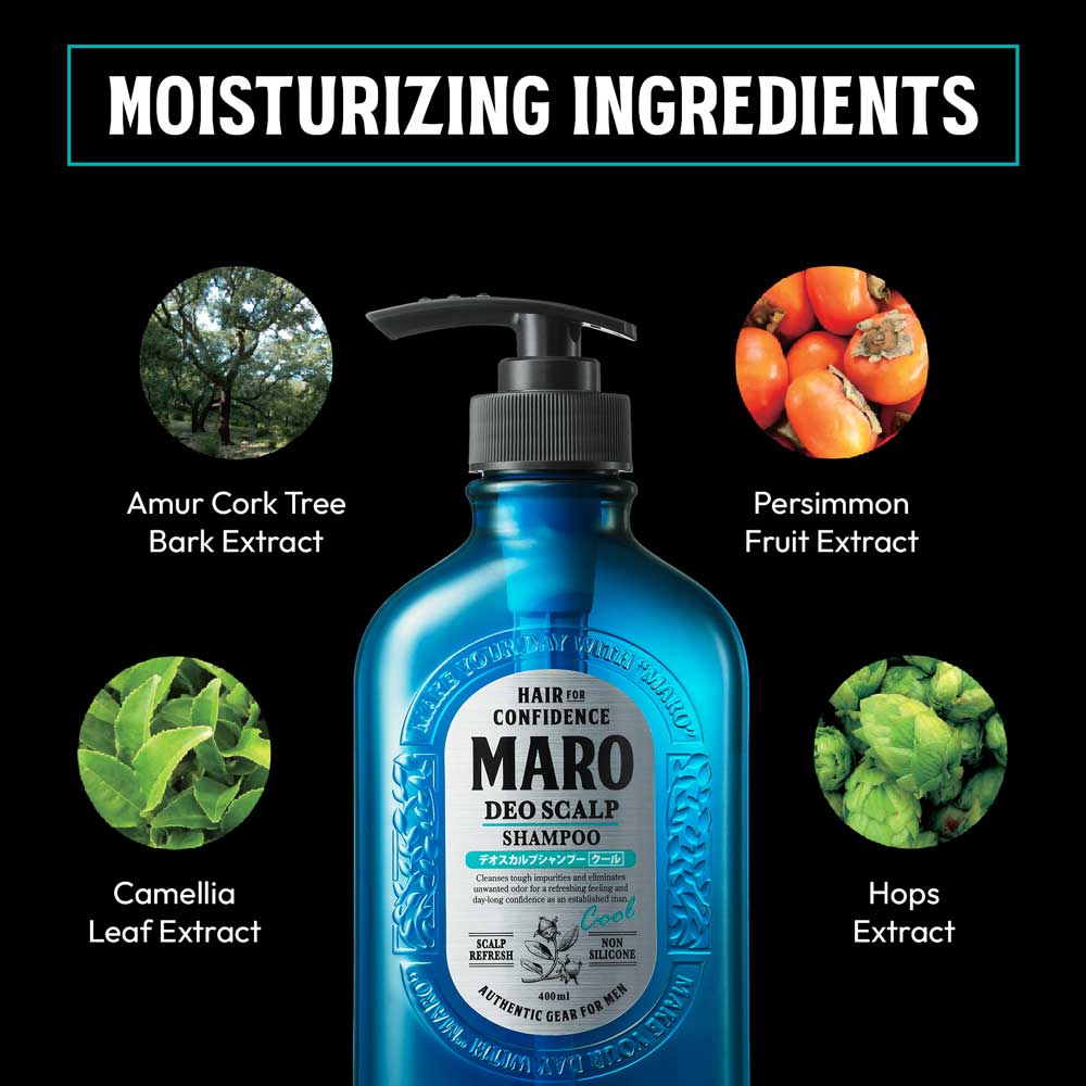 A blue pump bottle of MARO Deo Scalp Shampoo centered on a black background, surrounded by circular ingredient callouts reading Amur Cork Tree Bark Extract, Persimmon Fruit Extract, Camellia Leaf Extract, and Hops Extract, with a large 'MOISTURIZING INGREDIENTS' header at the top.